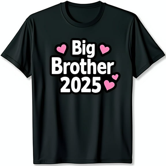 Big Brother 2025 Black T-Shirt with Cute Pink Hearts for Sibling Expecting a Brother