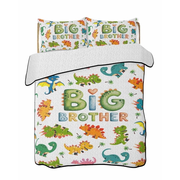 Big Brother 3 Piece Quilt Bedding Set with 2 Pillow Shams, Cartoon Pink Yellow Green Blue Dinosaurs Trees Lightweight Bedspread Coverlet, Soft Breathable All Season Quilt, 68 x 98 Inch