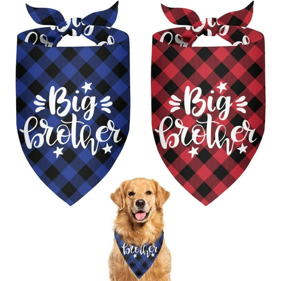 Big Brother Dog Bandana 2 Pack Plaid Dog Bandana Triangle Pet Dog Scarf Pregnancy Announcement Dog Bandana Gender Reveal Dog Outfit Gift for Dog Lover Owner (Blue,Red) Large
