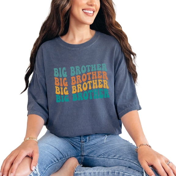 Big Brother, Family Themed, Groovy Retro Wavy Text, Denim Comfort Colors T-Shirt, Small
