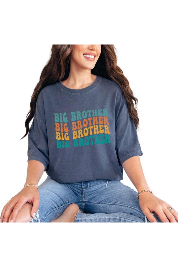 Big Brother, Family Themed, Groovy Retro Wavy Text, Denim Comfort Colors T-Shirt, Small
