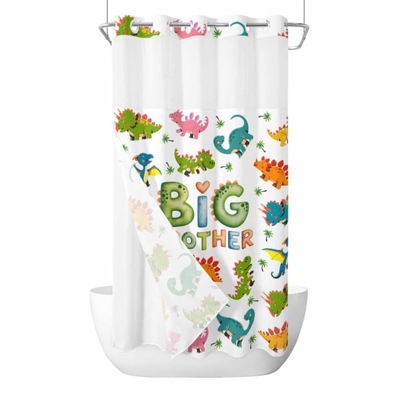 Big Brother No Hook Shower Curtain with Snap in Liner Cartoon Pink Yellow Green Blue Dinosaurs Trees Waterproof Bathroom Shower Curtain with See Through Top Window for Bathtub 36" x 72"