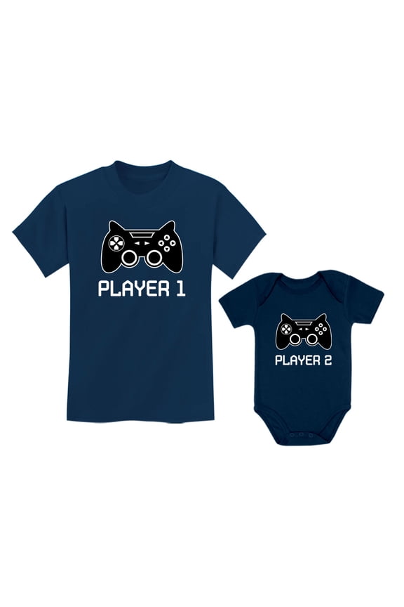 Big Brother Little Brother Shirts Player 1 Player 2 Gamer Gaming Siblings Set Big Bro Navy 2T / Lil Bro Navy Newborn (0-3M)