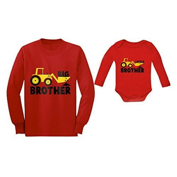 Big Brother Little Brother Long Sleeve Shirts Tractor Loving Boys Siblings Set Toddler/Kids Long sleeve T-Shirt Red 2T / Baby Long Sleeve Bodysuit Red Newborn (0-3M)