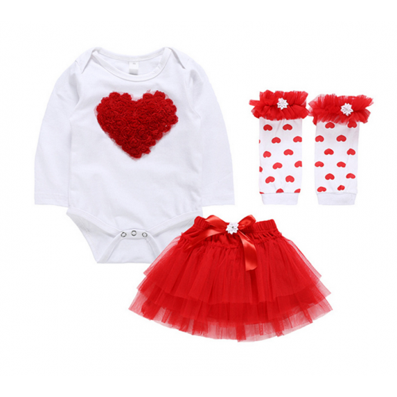 Baby Girl Valentine's Day Clothes Long Sleeve Heart Romper+Tutu Skirt with Leg Warmers 3Pcs Outfit Set