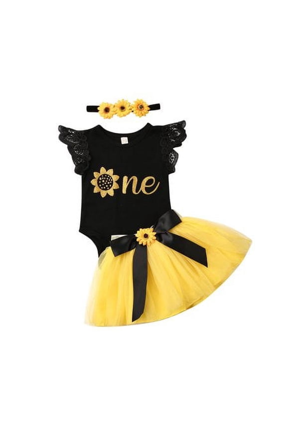 Baby Girl 1st Birthday Outfit Party Dresses Sunflower Romper Cake Smash Tutu Skirt Sundress Clothes
