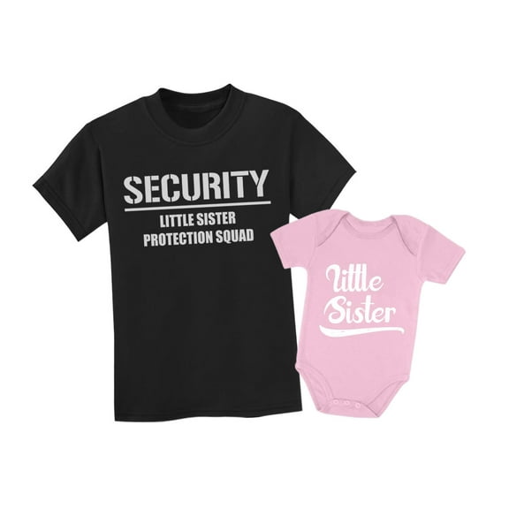 Big Brother & Little Sister Siblings Set Security For My Little Sister Shirts Toddler Kids T-Shirt Black 4T / Baby Bodysuit Pink 18M (12-18M)