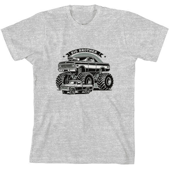 Big Brother Monster Truck Boy's Heather Gray Crew Neck Short Sleeve Tee-Medium