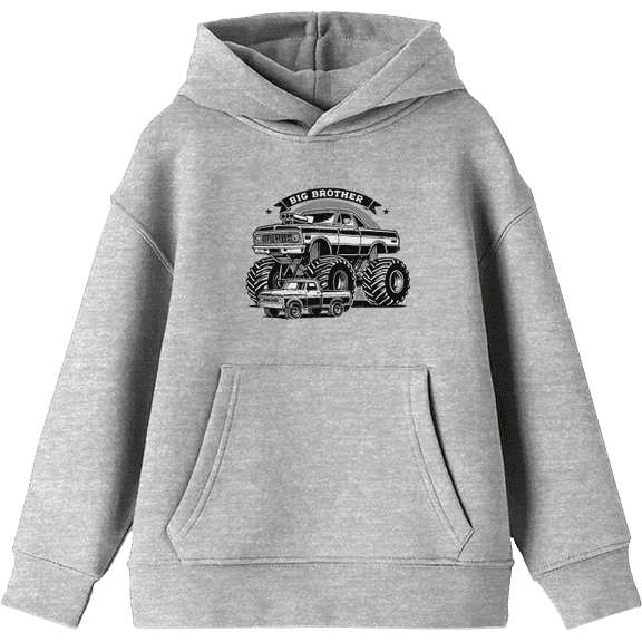 Big Brother Monster Truck Boy's Heather Gray Long Sleeve Hoodie-Large