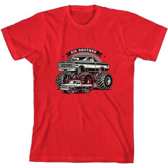 Big Brother Monster Truck Boy's Red Crew Neck Short Sleeve Tee-XS