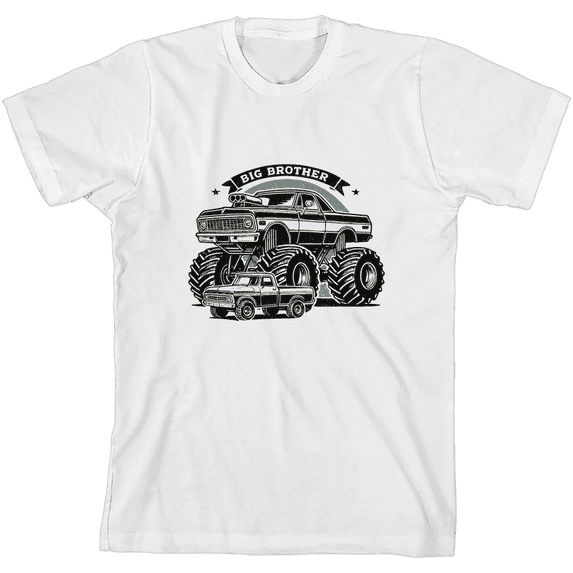 Big Brother Monster Truck Boy's White Crew Neck Short Sleeve Tee-XS