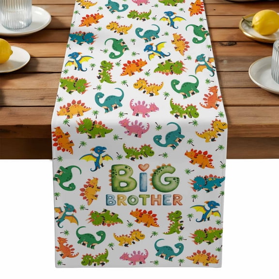 Big Brother Table Runner, Cartoon Pink Yellow Green Blue Dinosaurs Trees Washable Kitchen Table Runners Dress Scarves for Dining Table Decorations Party, 13x36in