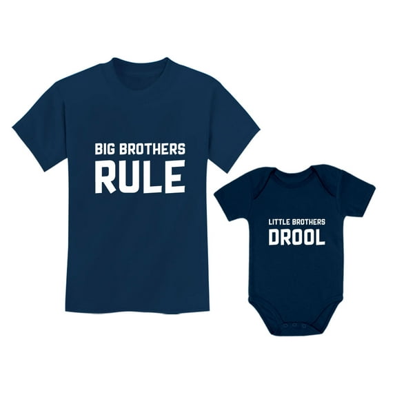 Big Brothers Rule Little Brothers Drool Boys Set Siblings Gift Shirt & Bodysuit Big Bro Navy 4T / Lil Bro Navy NB (0-3M)