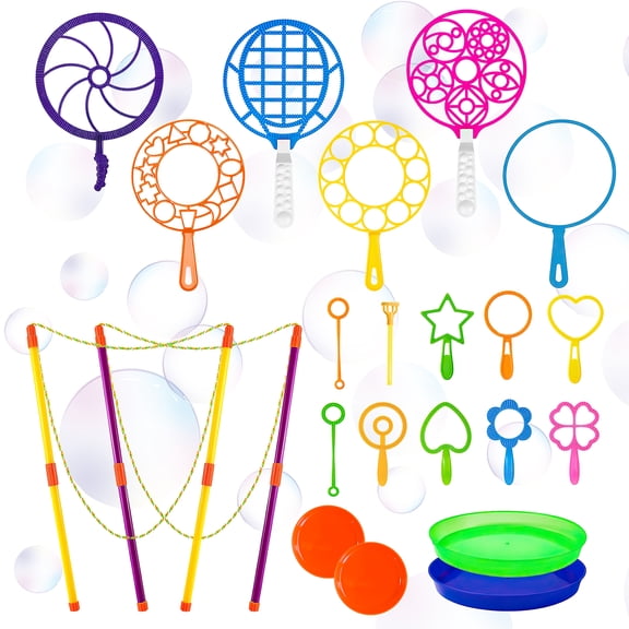Big Bubble Wands Toys Set with Tray Bulk Funny Bubbles Maker Giant Bubble Wands, for Kids Toddlers Adults Summer Outdoor Activities Birthday Gifts Bubble Party Favors