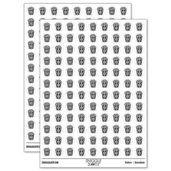 Big Bucket of Popcorn Movie Theater 200+ Round Stickers - White - Gloss Finish - 0.50" Size