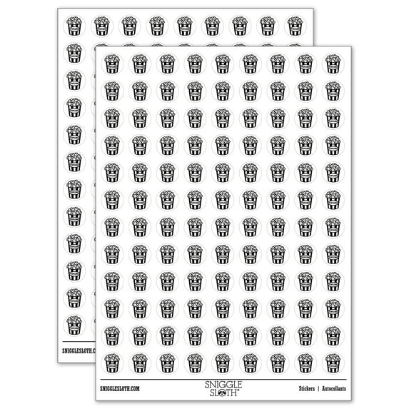 Big Bucket of Popcorn Movie Theater 200+ Round Stickers - White - Matte Finish - 0.50" Size