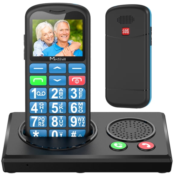 Big Button Mobile Cell Phone SOS for Elderly Senior with Base (Blue) - Medihill