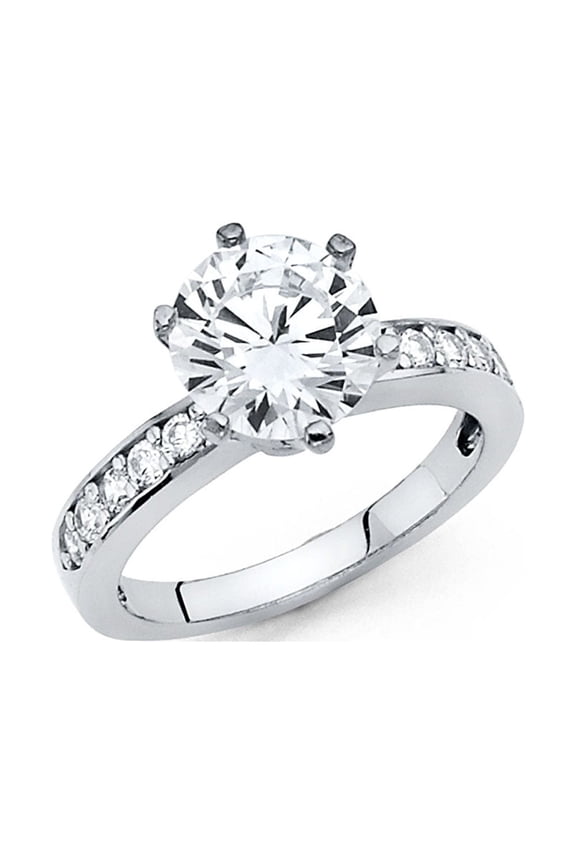 Big CZ Engagement Ring 14k White Gold Anniversary Solitaire CZ Band Bridal Ring Side Stones Size 5.5
