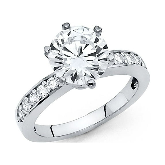 Big CZ Engagement Ring 14k White Gold Anniversary Solitaire CZ Band Bridal Ring Side Stones Size 6