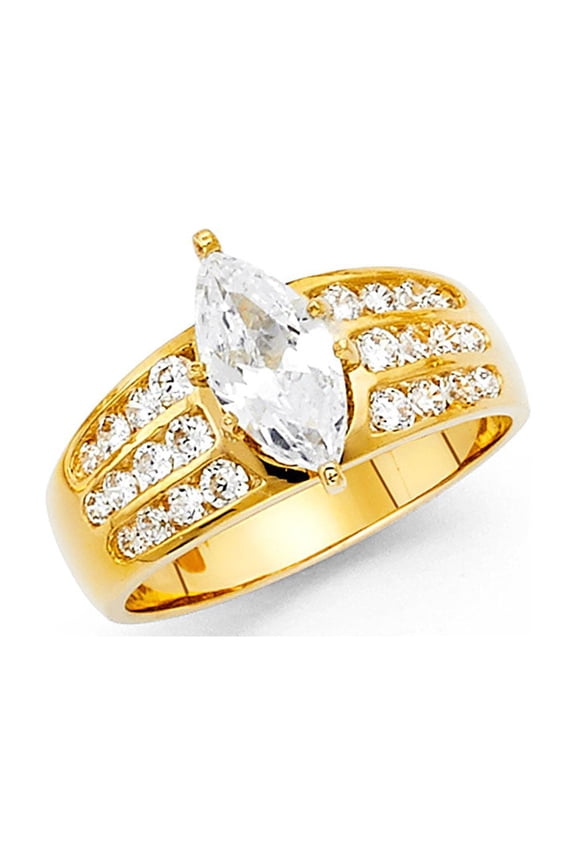 Big CZ Marquise Engagement Ring 14k Yellow Gold Anniversary Solitaire CZ Wide Band Side Stones Size 8.5