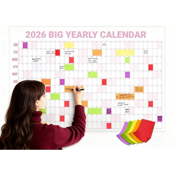 The Big A Calendar 2026, 2026 Yearly Wall Calendar Dry Erase, 12 Months Large Wall Calendar 2026, Dry Erase with Pen and Colored Stickers, Interesting and Practical, Pink