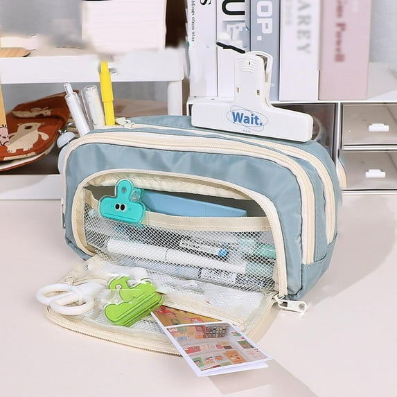 Big Capacity Pencil Case 3 Compartments Large Pencil Pouch Pen Bag Pencil Box Holder Organizer Simple Storage Aesthetic Stationery Cosmetic for Adults Men Women Office Essentials(Sky Blue)