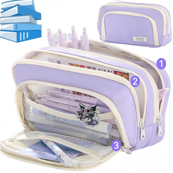 Big Capacity Pencil Case 3 Compartments Large Pencil Pouch Pen Bag Pencil Box Holder Organizer Simple Storage Aesthetic Stationery Cosmetic for Adults Men Women Office Essentials (Purple)