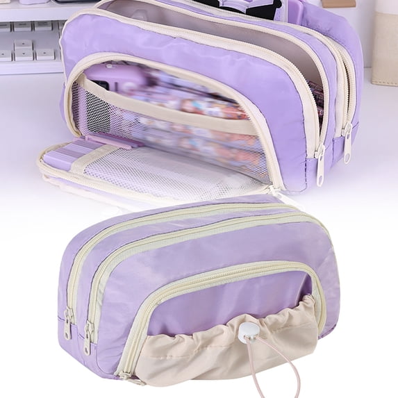 Big Capacity Pencil Case, 3 Compartments Pencil Pouch with Front Drawstring Bag, Durable Zipper Pencil Bag with Mesh Pocket, Organizers and Storage Solution for Stationery Makeup Cosmetics, Purple
