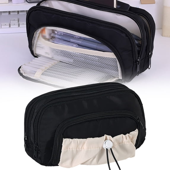 Big Capacity Pencil Case, 3 Compartments Pencil Pouch with Front Drawstring Bag, Durable Zipper Pencil Bag with Mesh Pocket, Organizers and Storage Solution for Stationery Makeup Cosmetics, Black