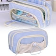 thumbnail image 1 of Big Capacity Pencil Case, 3 Compartments Pencil Pouch with Front Drawstring Bag, Durable Zipper Pencil Bag with Mesh Pocket, Organizers and Storage Solution for Stationery Makeup Cosmetics, Blue, 1 of 9