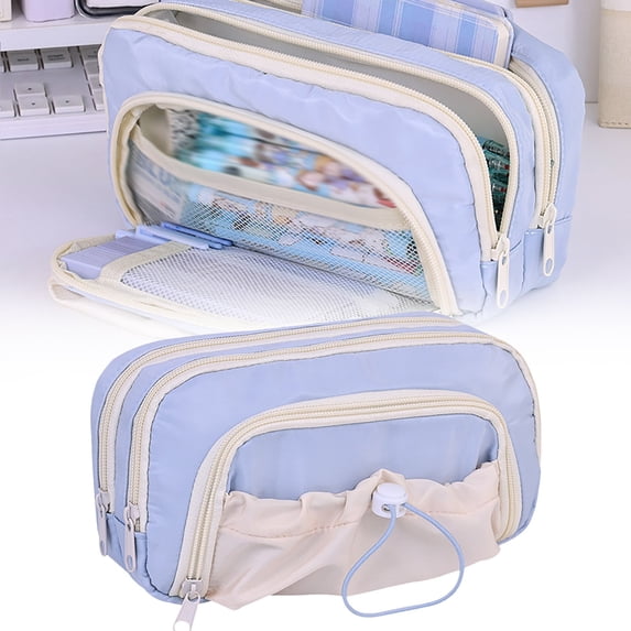 Big Capacity Pencil Case, 3 Compartments Pencil Pouch with Front Drawstring Bag, Durable Zipper Pencil Bag with Mesh Pocket, Organizers and Storage Solution for Stationery Makeup Cosmetics, Blue
