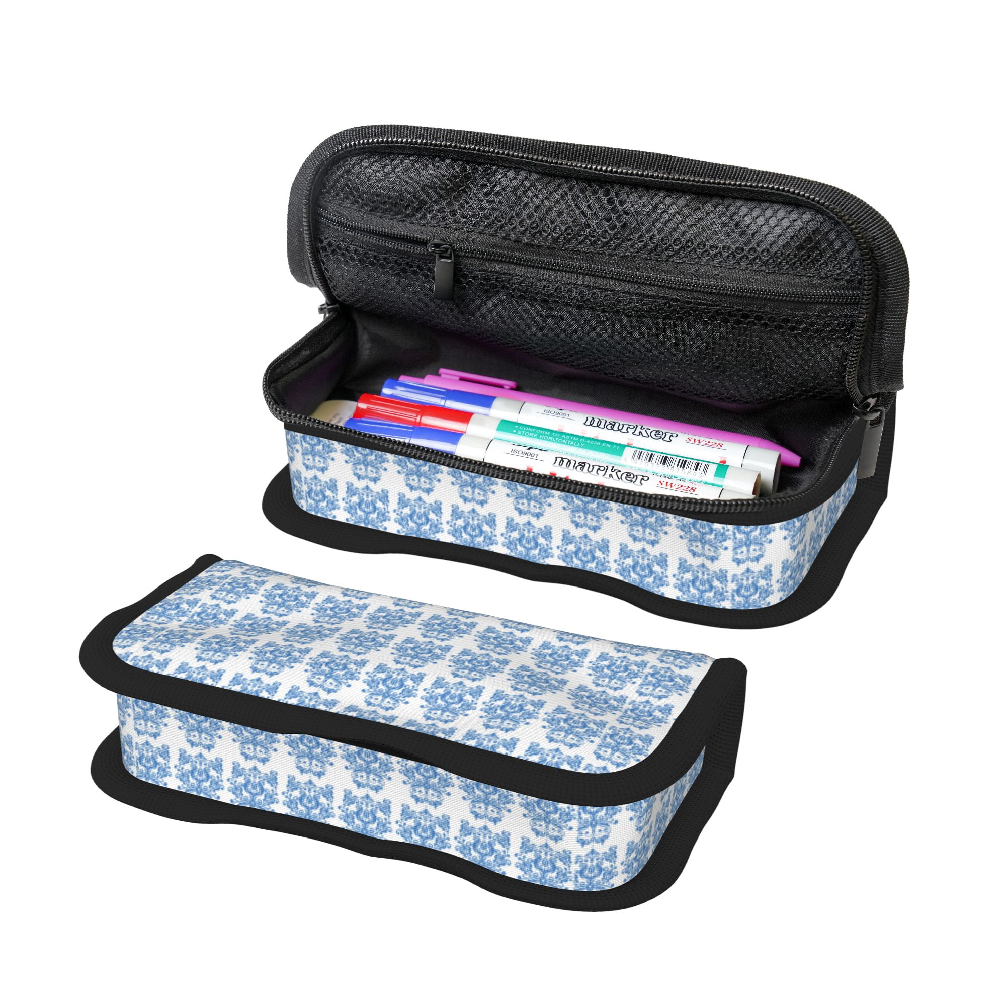 Big Capacity Pencil Case Blue Flower Pattern Background Canvas Bag Pen ...