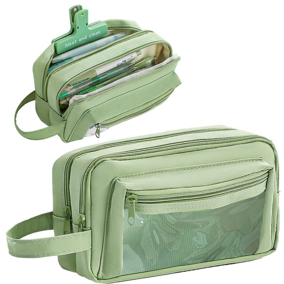 Large Capacity Pencil Case Zippered Pencil Pouch Student Pen Bag Stationery Green
