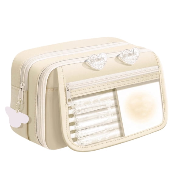 Big Capacity Pencil Case with 3 Compartments, Large Pencil Pouch Pen Bag Organizer for Office Essentials,Beige