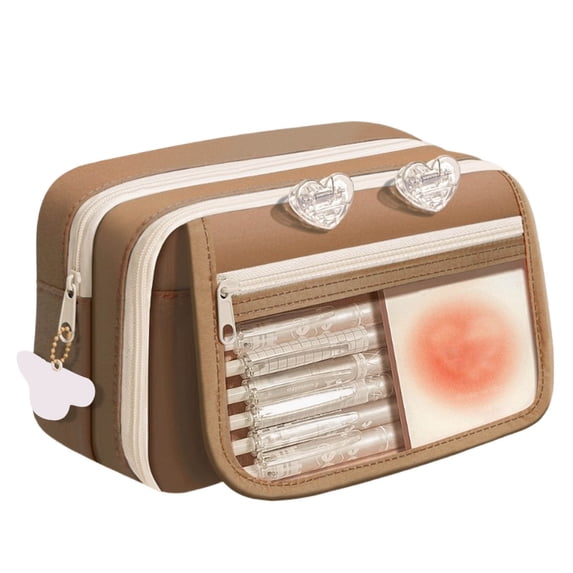 Big Capacity Pencil Case with 3 Compartments, Large Pencil Pouch Pen Bag Organizer for Office Essentials,Brown
