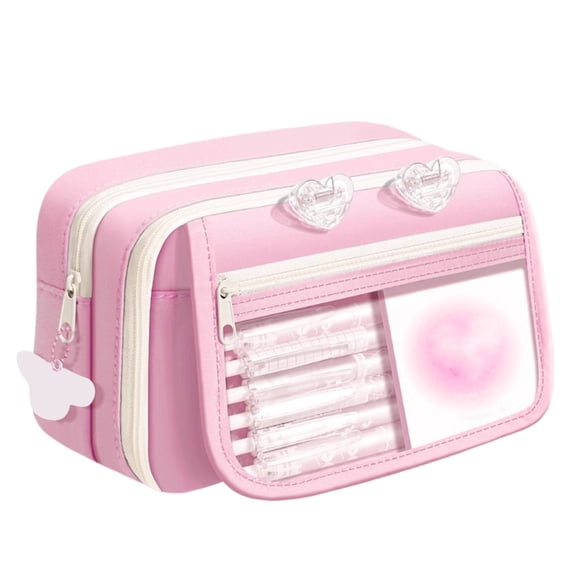 Big Capacity Pencil Case with 3 Compartments, Large Pencil Pouch Pen Bag Organizer for Office Essentials,Pink