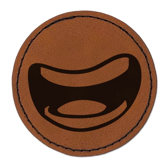 Big Cartoon Smile Mouth Wide Open Teeth Round Iron-On Engraved Faux Leather Patch Applique - 2.5 Inch - Brown