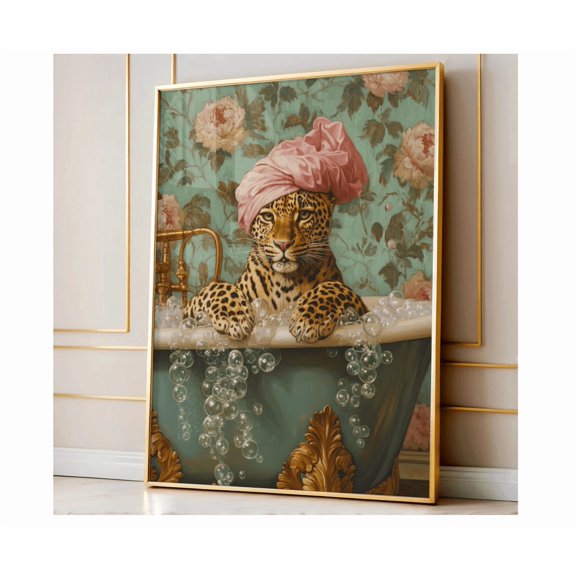 Big Cat Taking A Bubble Bath Leo.pard In Bathtub Wall Art Jungle Bathroom Art Print Safari Home Decor Modern Design Wall Art