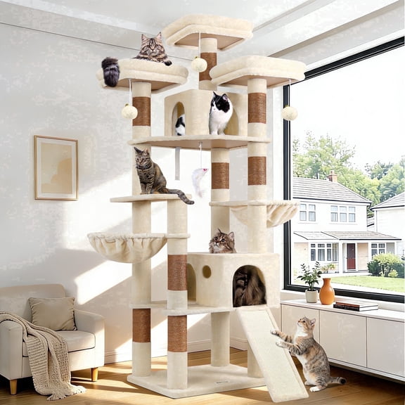 Globlazer 83'' Multi-Level Large Cat Tree Tower for Indoor Cats with Sisal Scratching Post, Hammock & 2 Condos, Beige