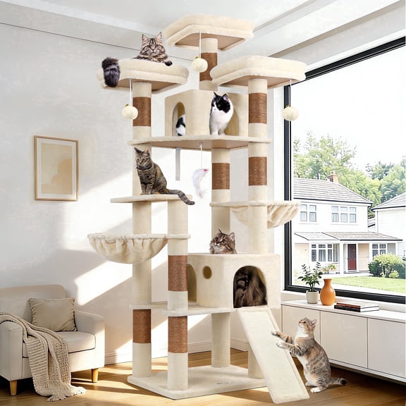 Globlazer 83 in Multi-Level Large Cat Tree Tower with Larger Cat Condo Furniture with Hammock/Cozy Pussycat Perches/Sisal Scratching Posts/Pet House/Wide Base, Beige