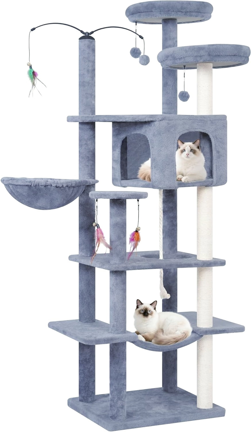Big Cat Tree with Multi-Level Condo and Hammocks in Grey, 63.4 Inches Tall