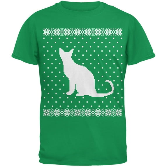 Big Cat Ugly Christmas Sweater Green Adult T-Shirt - Small
