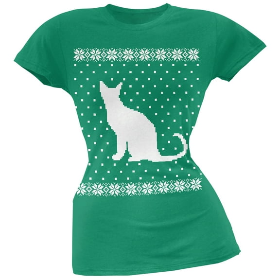 Big Cat Ugly Christmas Sweater Green Soft Juniors T-Shirt