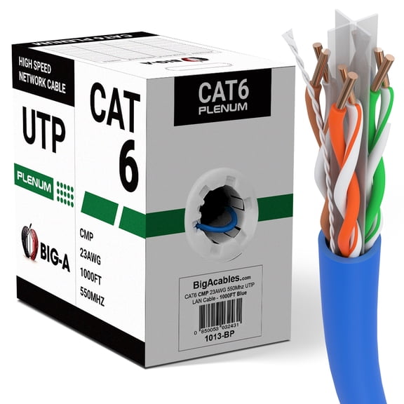 Big A - Cat6 Plenum Cable 1000ft, Cat 6 Ethernet Cable (CMP) 10 Gigabit Solid Network Cable, 550MHz Cat 6 Ethernet Cord, Unshielded Twisted Pair (UTP) - Blue