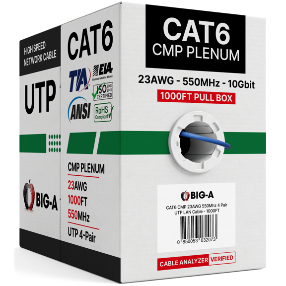 Big A - Cat6 Plenum Cable 1000ft, Cat 6 Ethernet Cable (CMP) 10 Gigabit Solid Network Cable, 550MHz Cat 6 Ethernet Cord, Unshielded Twisted Pair (UTP) - Blue