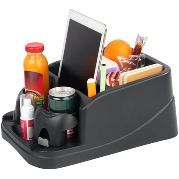 Big Center Console for Cars, Trucks, Minivans, SUVs, with 2 Adjustable Cup Holders for Car, Back Bench and Front Seat or Floor, Universal Center Console Organizer (Black)