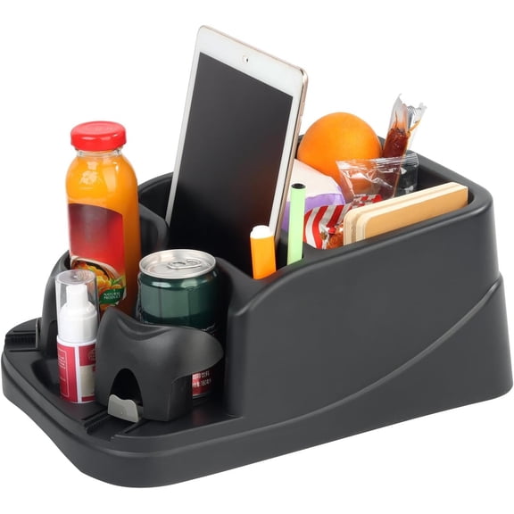 Big Center Console for Cars, Trucks, Minivans, SUVs, with 2 Adjustable Cup Holders for Car, Back Bench and Front Seat or Floor, Universal Center Console Organizer (Black)