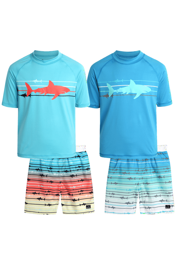 Boys' Rash Guard Set - 2 Pack UPF 50+ Short Sleeve Swim Shirt and Bathing Suit Swimsuit Set (5-14)