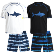 Big Chill Boys' Rash Guard Set - 2 Pack UPF 50+ Short Sleeve Swim Shirt and Bathing Suit Swimsuit Set (5-14)