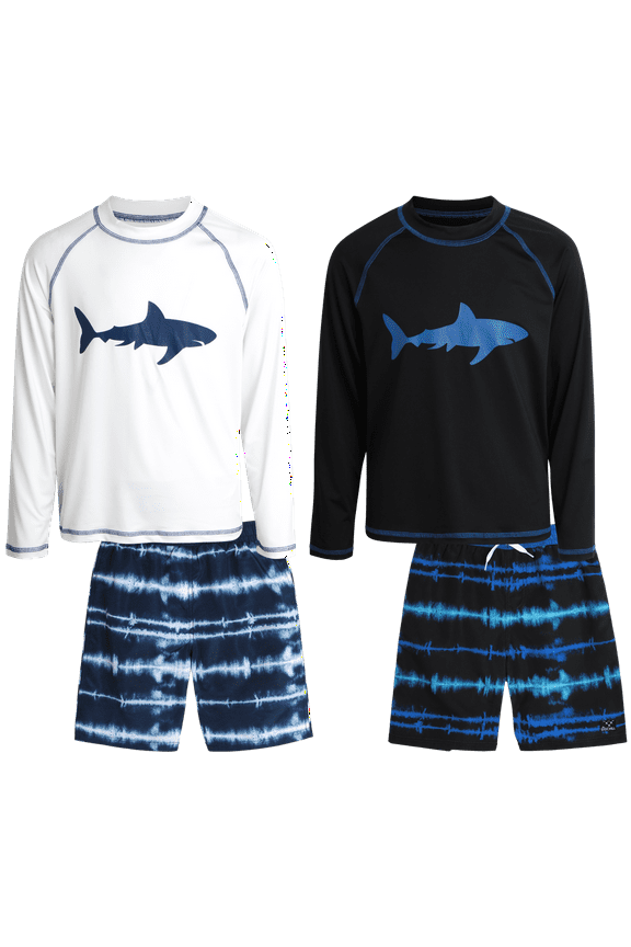 Boys' Rash Guard Set - 4-Piece UPF 50+ Long Sleeve Swim Shirt and Trunks Swimsuit Set 4-14